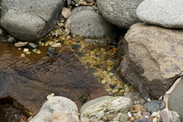 A small stone waterfall with several rapids and clear transparent spring water