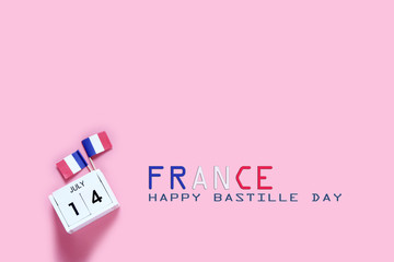 14 july Wooden calendar and Happy Bastille Day. Concept National Day France,Copy space,minimal style