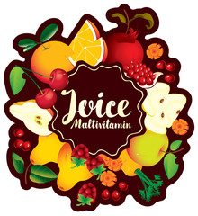 Vector emblem for multivitamin juice with inscription and various fruits, berries and vegetables arranged in a circle