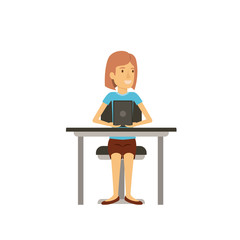 colorful silhouette of woman with short hair and sitting in chair in desk with tablet device vector illustration