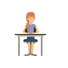 colorful silhouette of woman with ponytail hair and sitting in chair in desktop vector illustration