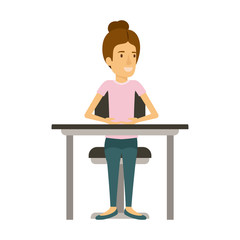 colorful silhouette of woman with collected hair and sitting in chair in desktop vector illustration