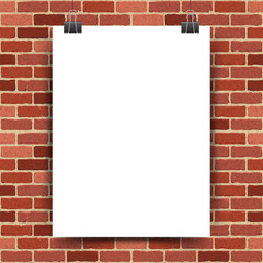 Vector illustration of a white poster hanging on clerical clips on a red brick wall background