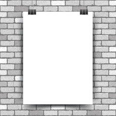 Vector illustration of a white poster hanging on a clerical clip on a white brick wall background