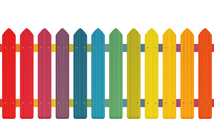 Rainbow colored picket fence with wooden texture, seamless extendable to endless pattern - isolated vector illustration on white background.