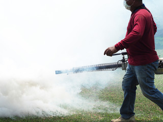 Men are working fogging to eliminate mosquitoes.