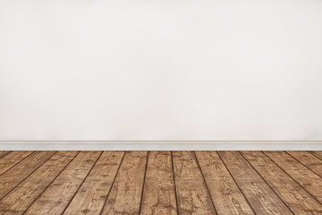 Empty wood floor and White wall room. 3D illustration