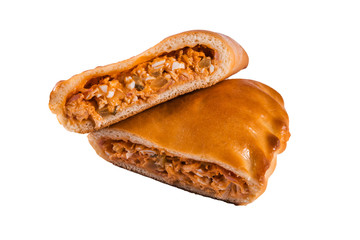 closed rosy pizza with a delicious filling inside, white background, isolate, close-up, bakery, cafe