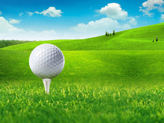 Golf ball and tee on green grass field