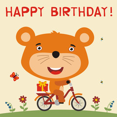 Happy birthday! Cute mouse rides on bike with birthday gift. Card for birthday with little mouse in cartoon style.