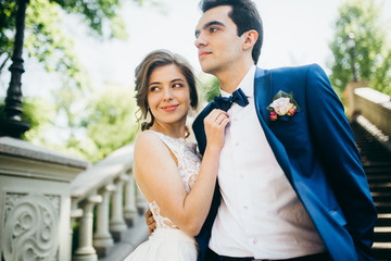 Very happy wedding couple at summer