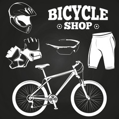 Bicycle shop on blackboard - helmet, bicycle, gloves