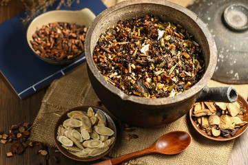 Chinese traditional herbal medicine in casserole