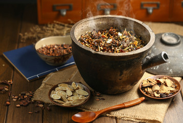 Chinese traditional herbal medicine in casserole