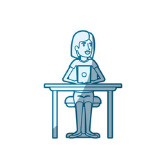 blue color silhouette shading of woman with short hair and sitting in chair in desktop with device tech vector illustration