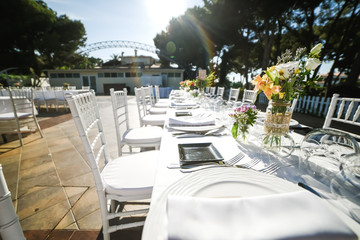 Outdoor wedding celebration in a restaurant