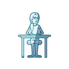 blue color silhouette shading of woman with ponytail side hair and sitting in chair in desktop vector illustration