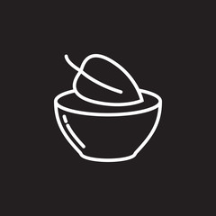 Vegan food symbol. Leaf in a dish line icon, outline vector sign, linear pictogram isolated on black. logo illustration