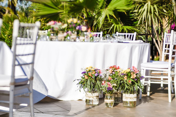 Outdoor wedding celebration in a restaurant