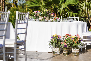 Outdoor wedding celebration in a restaurant