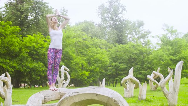 Young woman doing yoga exercises in the park