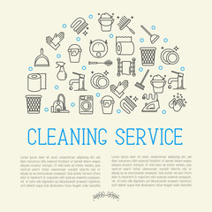 Cleaning service concept with thin line icons: gloves, iron, washer, robot vacuum cleaner, brushes and other accessories for household. Vector illustration for banner, web page, poster.
