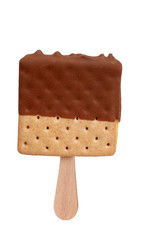 chocolate dipped ice cream sandwich on a popsicle stick