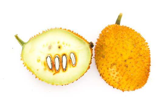 Gac Fruit Or Baby Jackfruit / Gac Fruit Or Baby Jackfruit With Half Cross Section Isolated On White Background.