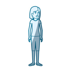 blue color silhouette shading of woman standing with short hair in blouse and pants vector illustration