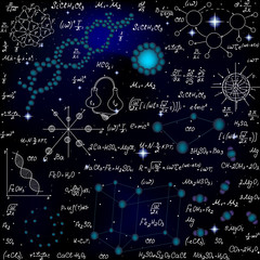 Chemistry scientific vector seamless pattern with formulas, dna molecules, chemical equations on space starry background