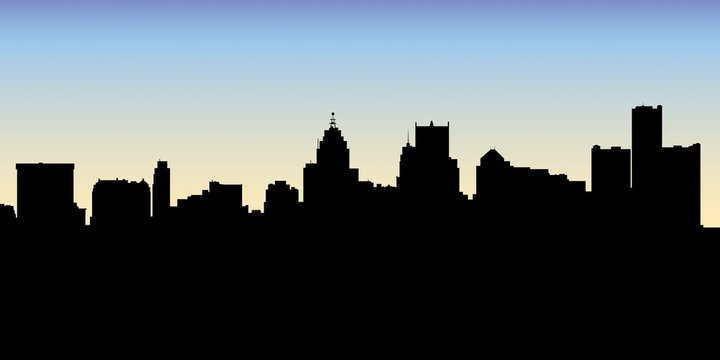 Skyline silhouette of the city of Detroit, Michigan, USA.