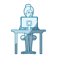 blue color silhouette shading of woman with collected hair and sitting in chair in desk with computer device vector illustration