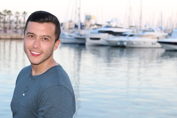 Gorgeous man smiling and laughing with copy space 