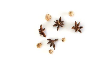Top view of star anise spice isolated on white background