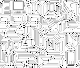 Circuit board technical vector seamless pattern with computers and mobile devices