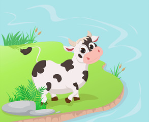 illustration of Cartoon cow standing on grass