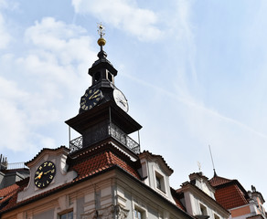 Fototapeta na wymiar The clock tower of the High Synagogue in Prague, Czech Republic. Copy space.