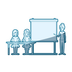 blue color silhouette shading with couple of women sitting in a desk for female executive in presentacion business people vector illustration