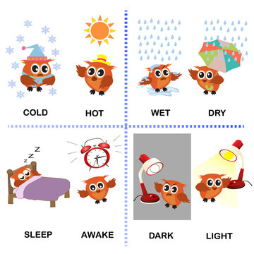 opposite word vector background for preschool (cold hot wet dry sleep awake dark light)