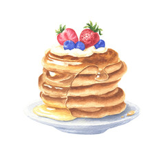 Watercolor pancakes with honey topping, strawberry and blueberry, hand drawn food illustration isolated on white background.