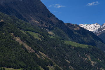 Idyllic landscape in the Alps in springtime with traditional mountain chalet and fresh green mountain pastures with blooming flowers on a beautiful sunny day. Austria, Europe.