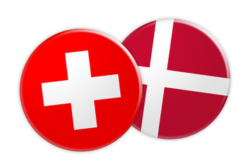 News Concept: Switzerland Flag Button On Denmark Flag Button, 3d illustration on white background