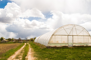Naklejka premium Polythene tunnel as a plastic greenhouse in an allotment with growing vegetables and fruits