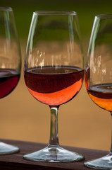 glass of rose wine glasses among others on the vineyard background