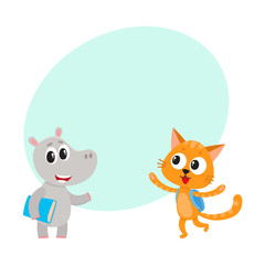 Cute animal student characters, bear with bunch of flowers, cat with backpack, cartoon vector illustration with space for text. Little animal student characters, back to school concept