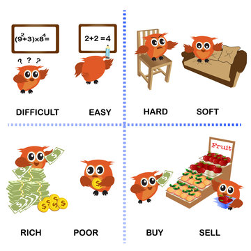 opposite word vector background for preschool (difficult easy hard soft rich poor buy sell)