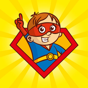 Superhero character boy logo, pop art background