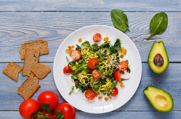 Healthy eating background, top view on white plate