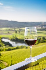 Single wine glass above vineyards, Piedmont, Italy