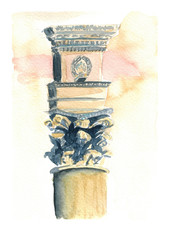 Watercolor hand drawn sketch illustration of Architectural element column with reliefs art with structure of paper